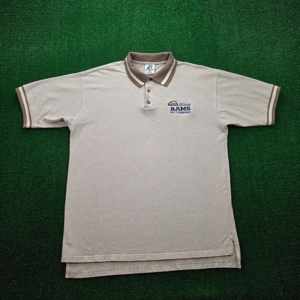 Vintage St Louis Rams NFL NFC Champions Dynasty Knit Polo Shirt Mens 2XL/XL Tan